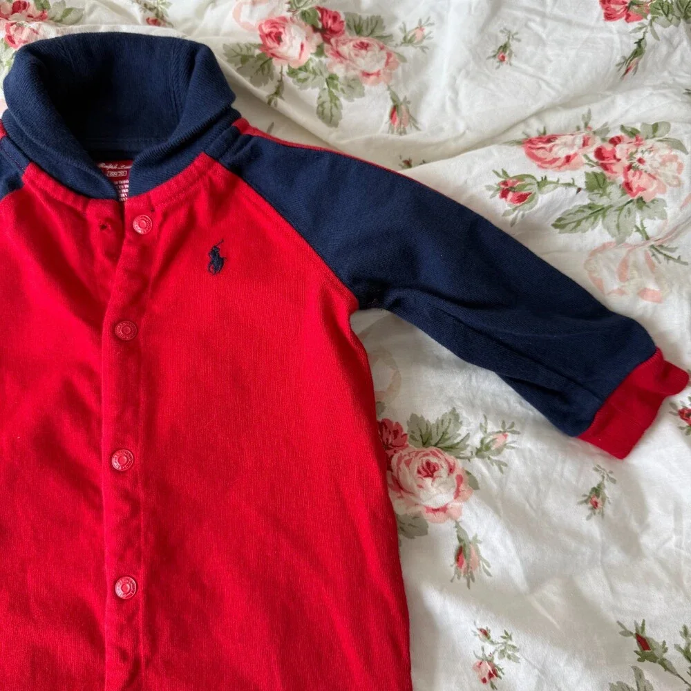 Ralph Lauren Baby Boy Shawl-Collar Cotton Coverall Bodysuit Red Blue 6M Pony